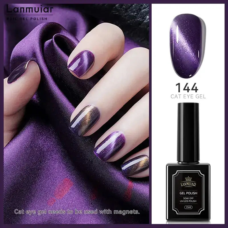 Lanmuiar 144 cat eye gel polish in a sleek black bottle with gold and purple shimmering finish.