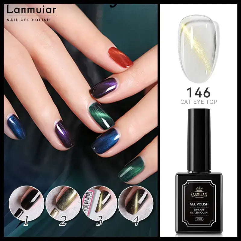 Lanmuiar 146 cat eye top gel polish in a sleek black bottle with gold foil accents, featuring a shimmering metallic finish that transforms from clear to golden under uv light.