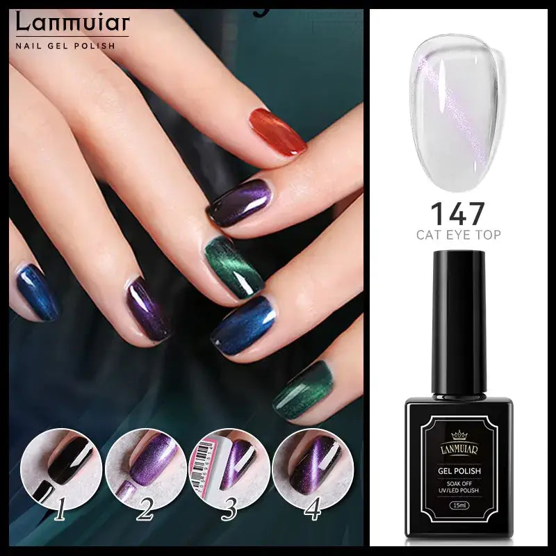 Lanmuiar 147 cat eye top nail gel polish in a sleek black bottle with a glossy finish and elegant gold crown logo.