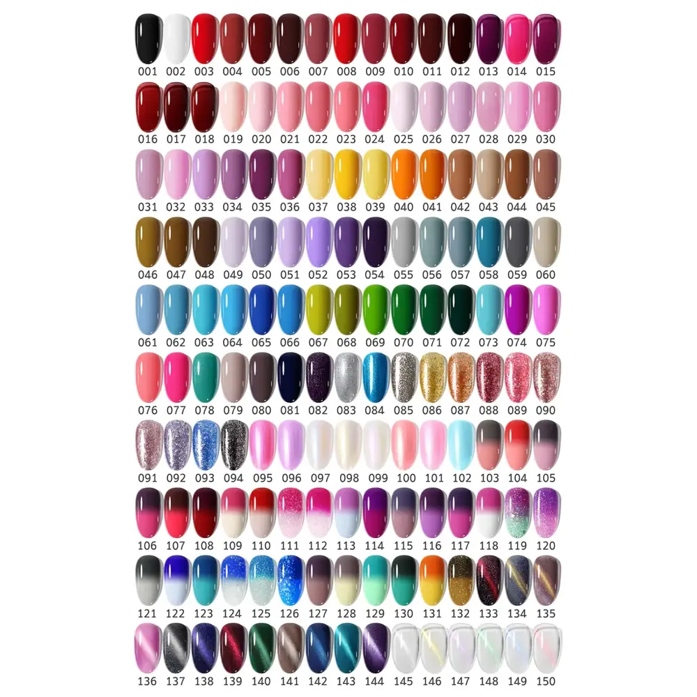 A vibrant array of 150 nail polish shades, featuring solid colors, glitter finishes, metallics, and gradient effects in a neatly organized grid.