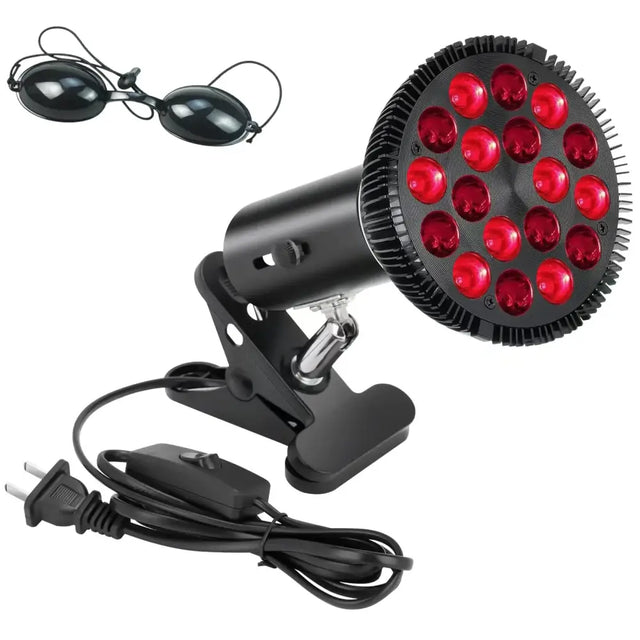 Black led red light therapy lamp with 16 circular red bulbs arranged in a round head, mounted on a clip and connected to a power cord.