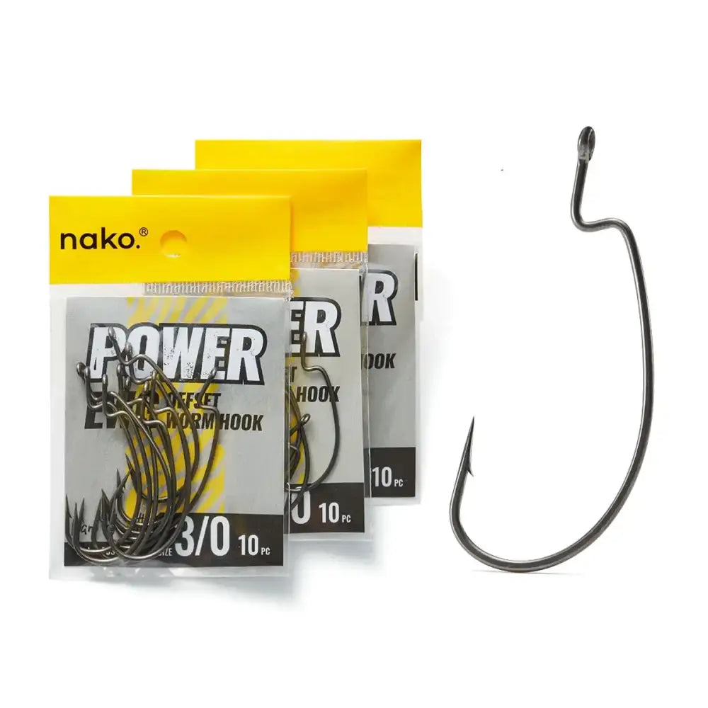 Black metal fishing hooks in a yellow and gray package labeled ’nako power offset worm hook’
