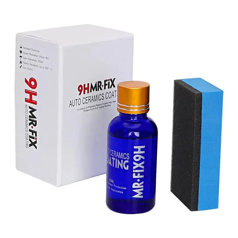 Blue glass bottle with gold cap and white labeling, containing 9h mr.fix auto ceramic coating.