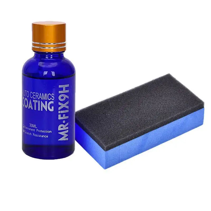 Blue glass bottle with gold cap and black foam sponge, branded as mr.fix9h auto ceramics coating.