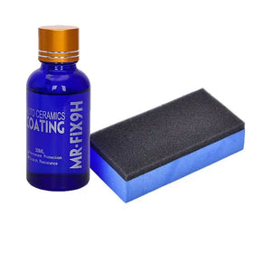 Blue glass bottle with gold cap and black foam sponge, branded as mr.fix9h auto ceramics coating.
