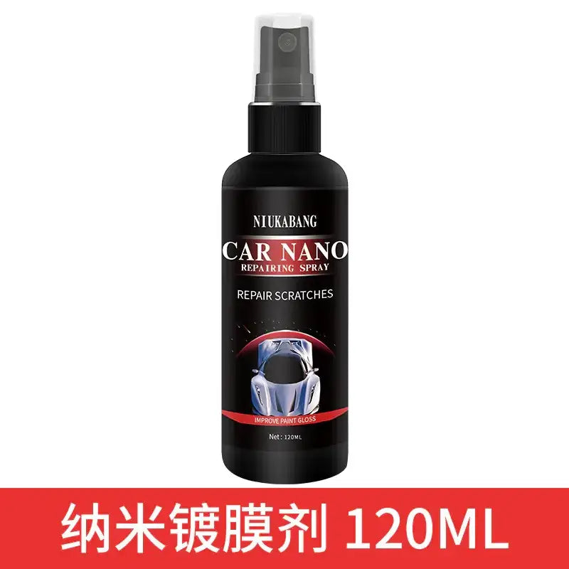 Black bottle of niukabang car nano repairing spray with a black spray nozzle and silver accents, labeled for repairing scratches and improving paint gloss.