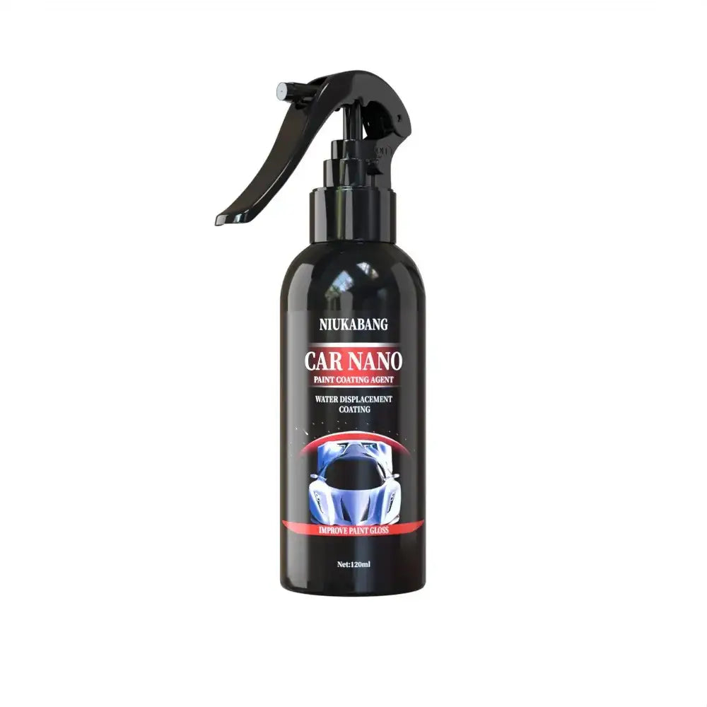 Black spray bottle of niukabang car nano paint coating agent with a glossy finish and red accent labeling.
