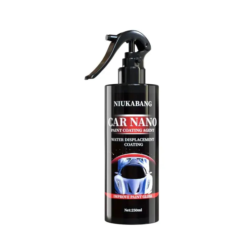 Black spray bottle of niukabang car nano paint coating agent with a glossy finish and red accents on the label.