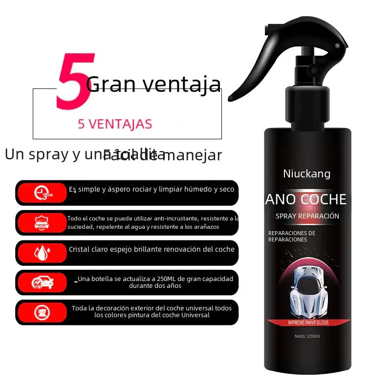 Black spray bottle with a black trigger nozzle, labeled ’niuckang ano coche spray reparación’ for car paint repair.