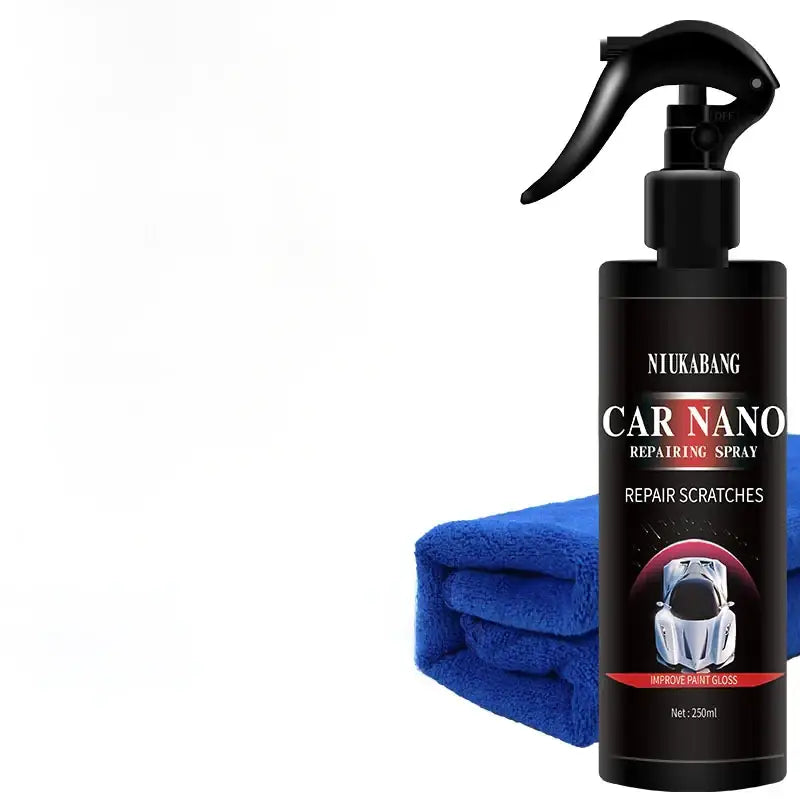 Black spray bottle labeled ’niukabang car nano repairing spray’ with a black trigger nozzle, designed to repair scratches and improve paint gloss.