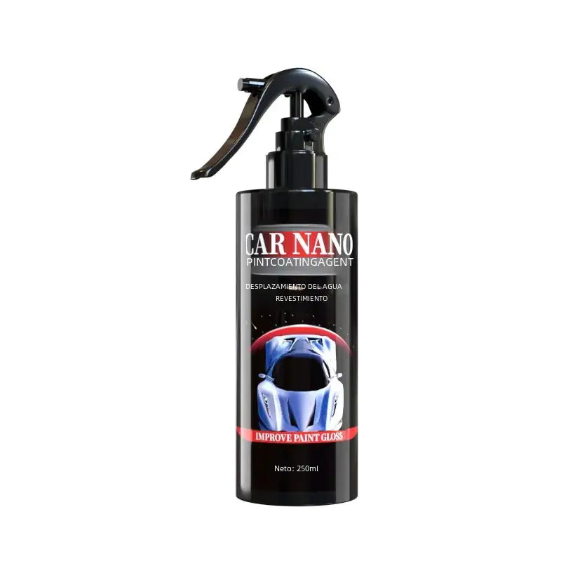 Black spray bottle labeled ’car nano pintcoatingagent’ with a glossy finish and red accents, featuring an image of a blue car on the label.
