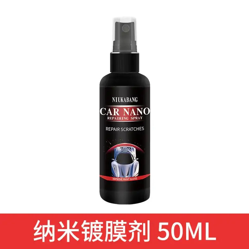 Black niukabang car nano repairing spray bottle with a clear spray nozzle, designed to repair scratches and improve paint gloss.