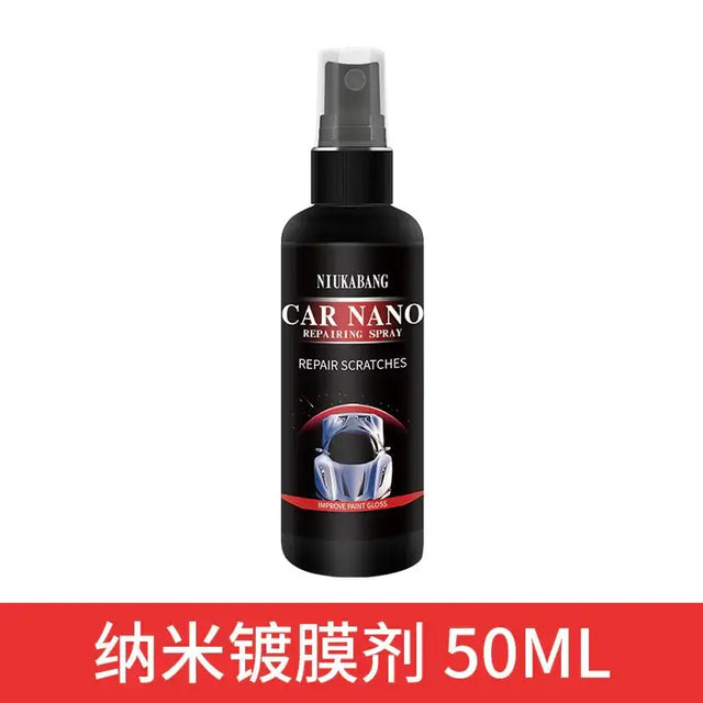 Black niukabang car nano repairing spray bottle with a clear spray nozzle, designed to repair scratches and improve paint gloss.