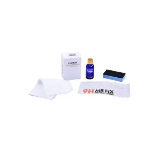 The image shows a set of car detailing products, including a white box labeled ’mr fix,’ a small blue bottle with a gold cap containing 9h glass cleaner or polish, and a black-and-blue microfiber cleaning pad.
