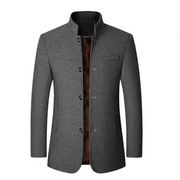Gray woolen men’s coat with a stand-up collar and button closure.