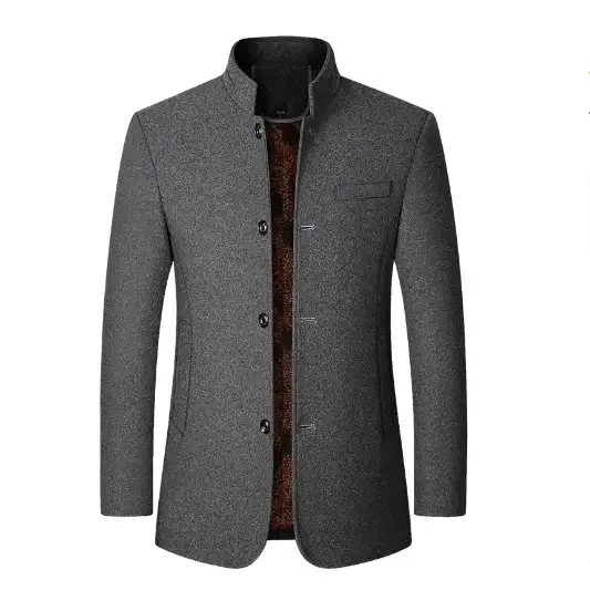 Gray woolen men’s coat with a stand-up collar and button closure.