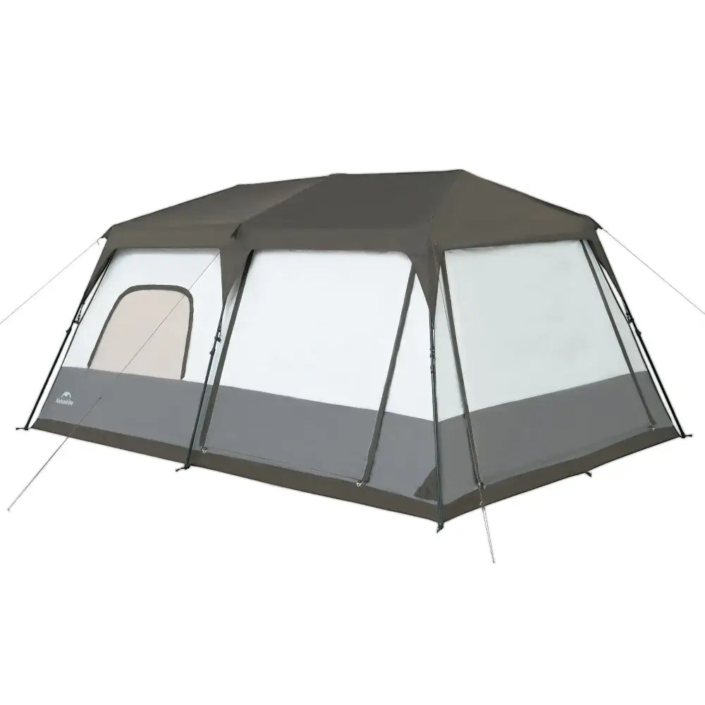 A dark gray, spacious family tent with transparent mesh windows and a front door.