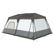 A dark gray, spacious family tent with transparent mesh windows and a front door.