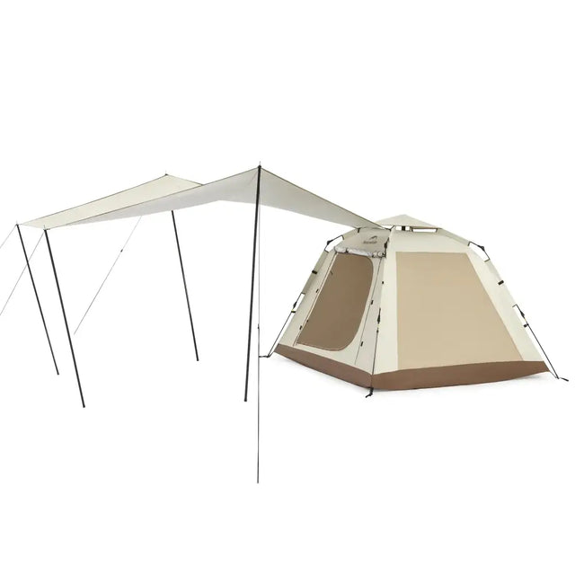 Beige and tan two-in-one camping tent with a canopy extension for shade.