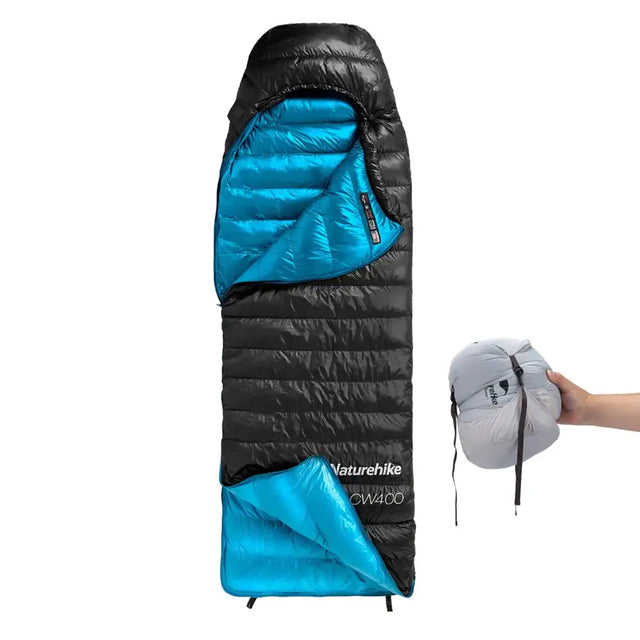 Black and bright blue insulated sleeping bag with a quilted design, featuring the ’naturehike cw400’’ branding on its exterior.