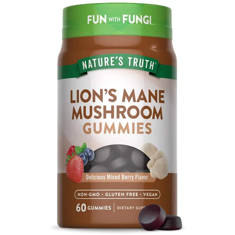 Brown plastic jar with green lid and label, featuring ’nature’s truth’ brand name and ’lion’s mane mushroom gummies’ product title.