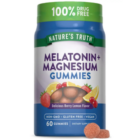 Blue and green labeled bottle of nature’s truth melatonin+ magnesium gummies with berry lemon flavor.