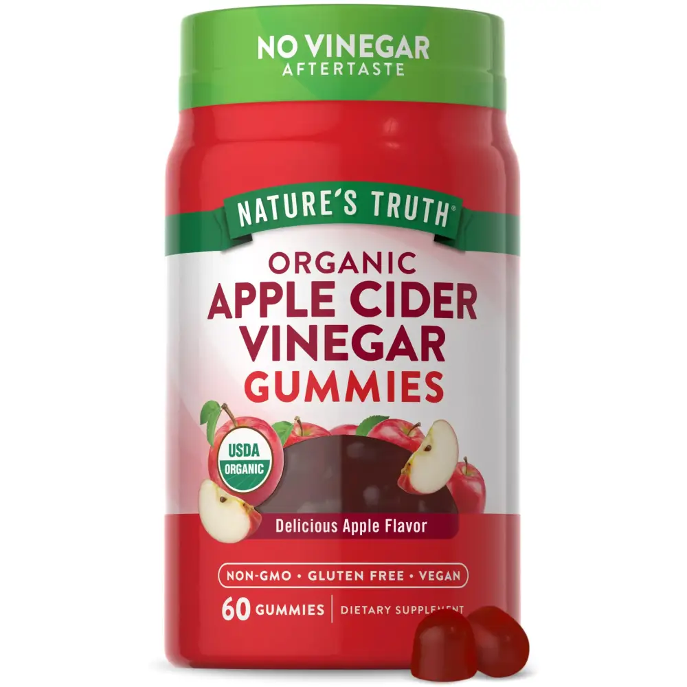 Red plastic bottle of nature’s truth organic apple cider vinegar gummies with green cap and label, featuring apple imagery and text highlighting organic, non-gmo, gluten-free, vegan qualities.