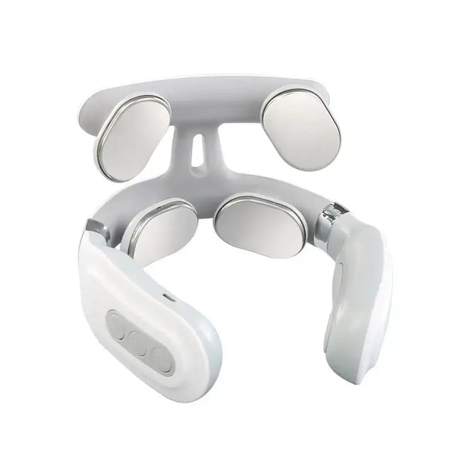 White plastic and metal neck massager with four circular massage heads.