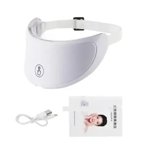 White plastic eye mask with adjustable strap and a circular logo on the front.
