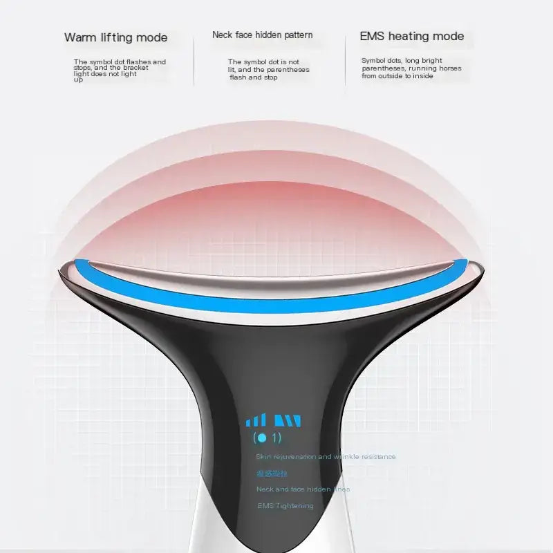 Black and blue facial device with a sleek, curved design for warm lifting or ems heating modes.