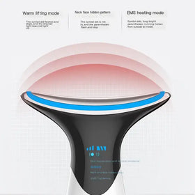Black and blue facial device with a sleek, curved design for warm lifting or ems heating modes.