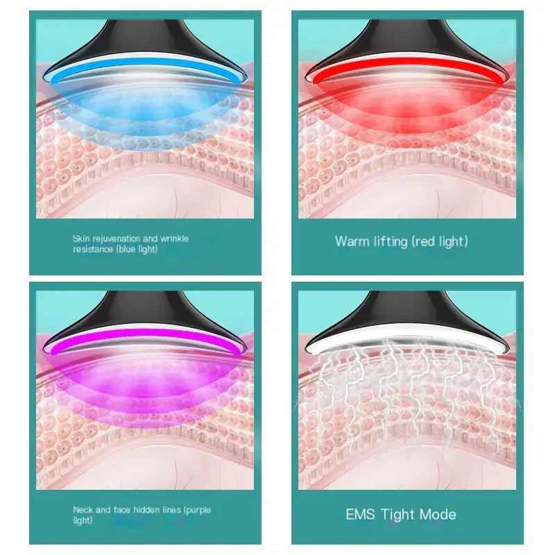 Black handheld facial device with a glowing light ring for different skin treatments.