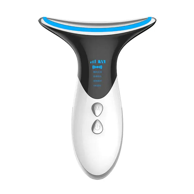 A sleek black and white facial slimming device with a blue illuminated edge, featuring two control buttons on its handle.