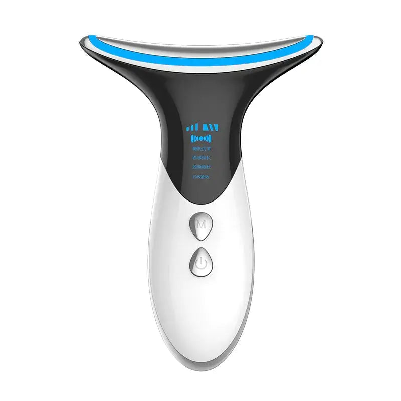 A sleek black and white facial slimming device with a blue illuminated edge, featuring two control buttons on its handle.
