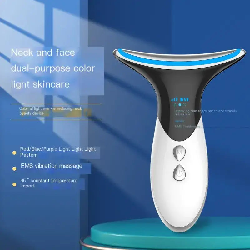 A sleek white and black neck and face dual-purpose color light skincare device with a blue illuminated edge, featuring two control buttons on its handle.