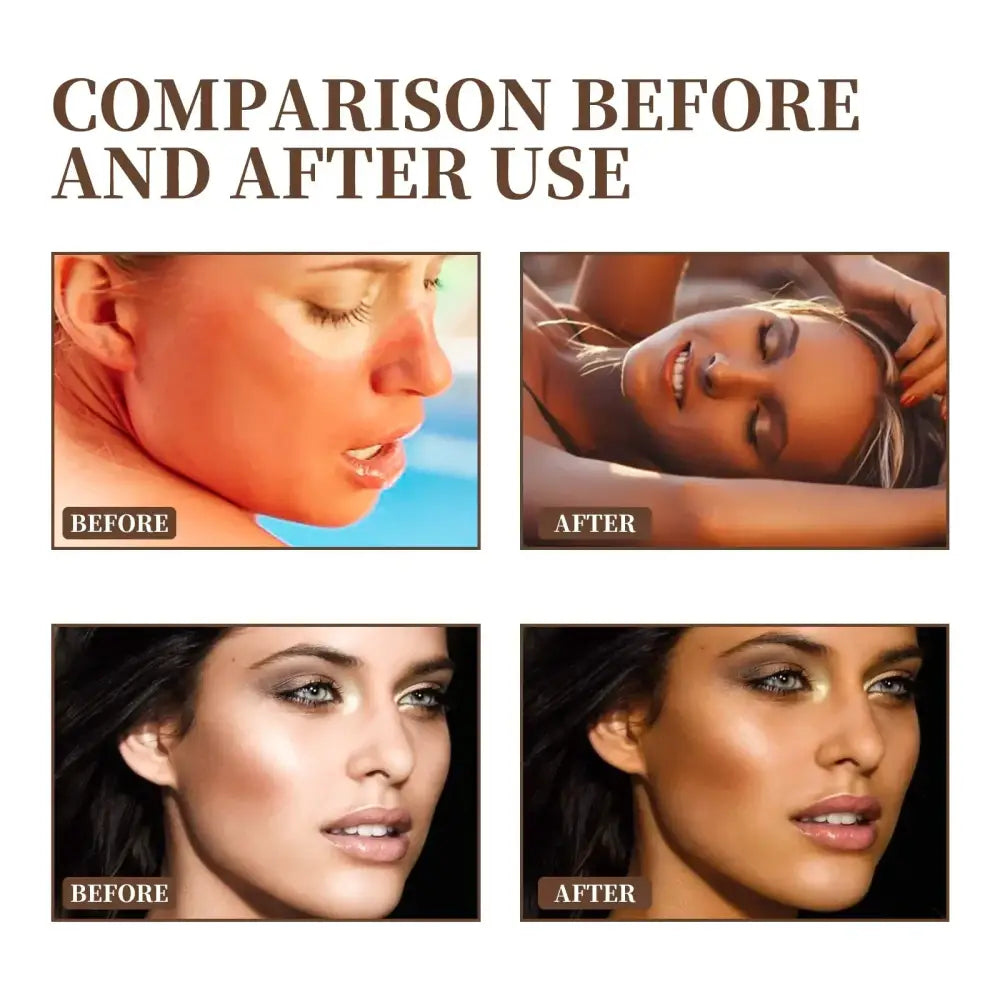 The image displays a before-and-after comparison of skin tones, highlighting the effect of a sun-kissed glow product.