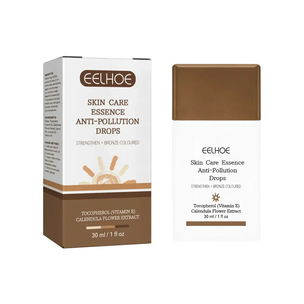 Eelhoe skin care essence anti-pollution drops in a sleek white and bronze bottle with matching box, featuring tocopherol (vitamin e) and calendula flower extract.