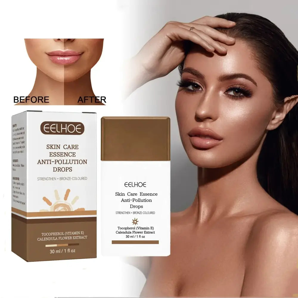 Eelhoe skin care essence anti-pollution drops in a sleek white and bronze rectangular bottle with minimalist labeling.