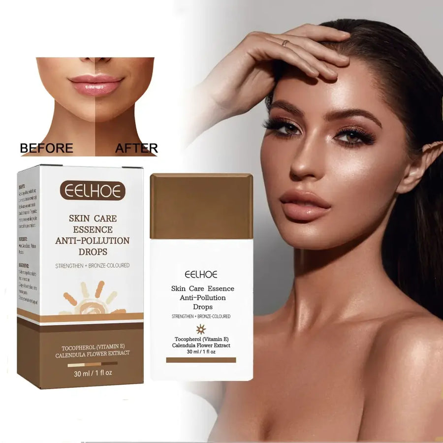 Eelhoe skin care essence anti-pollution drops in a sleek white and bronze rectangular bottle with minimalist labeling.