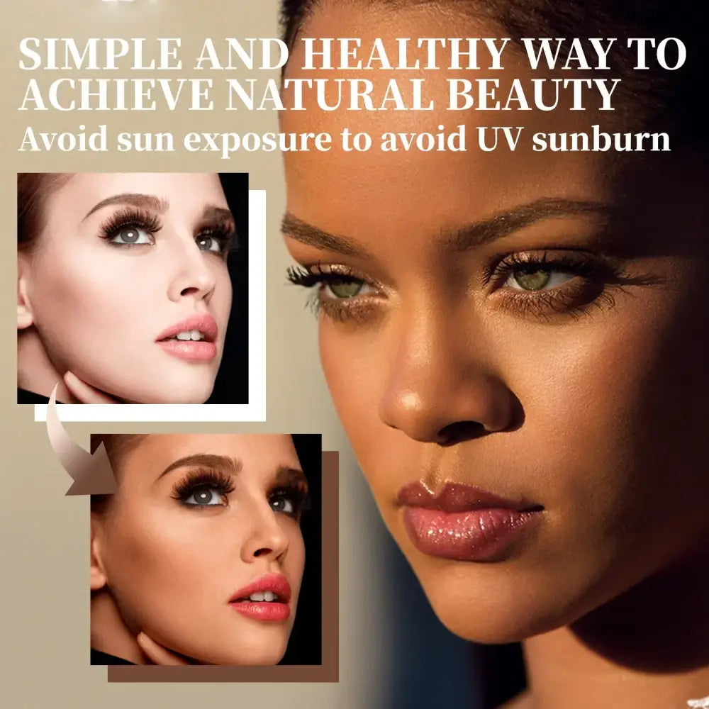 Rihanna’s face, featuring green eyes and glossy lips with a natural makeup look.