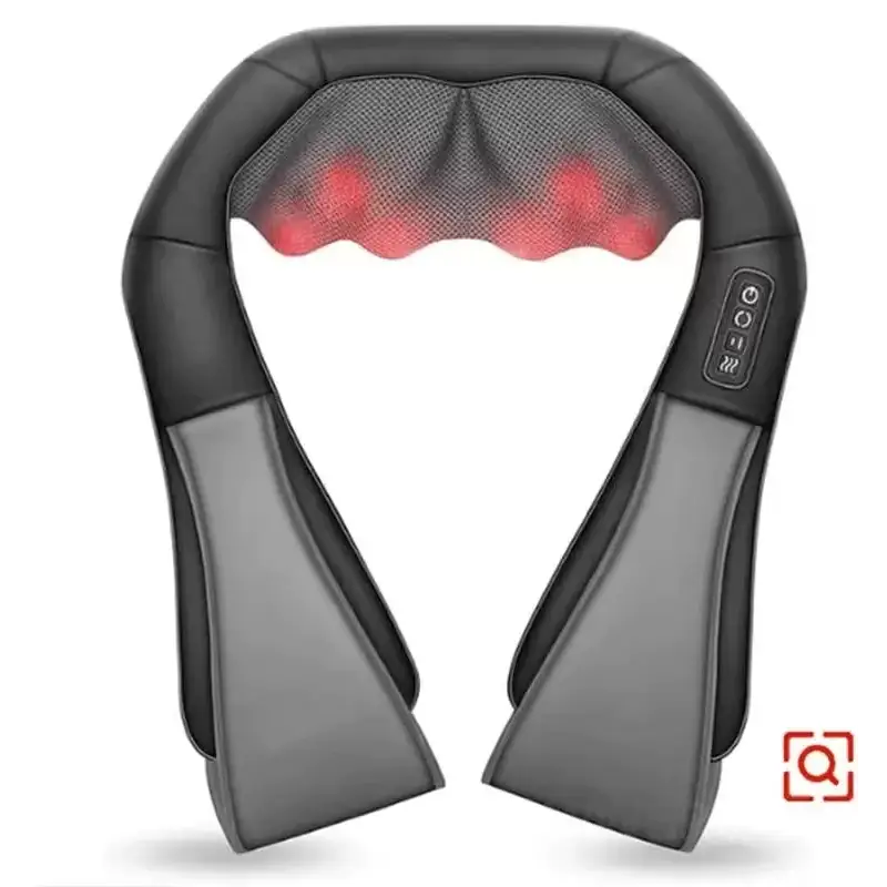 Black and gray neck massager with red glowing massage nodes on a mesh panel.