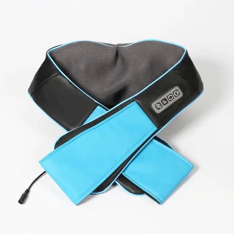 Blue and black electric neck massager with mesh cushioning.