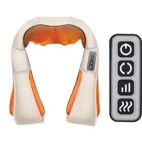White and orange massage neck wrap with a control panel on the side.