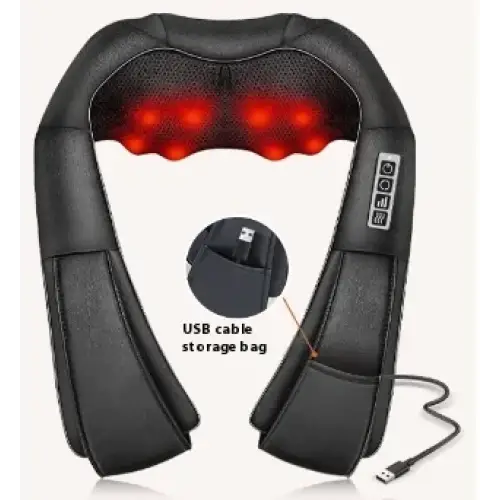 Black leather neck massager with red glowing massage nodes and a control panel on the right side.