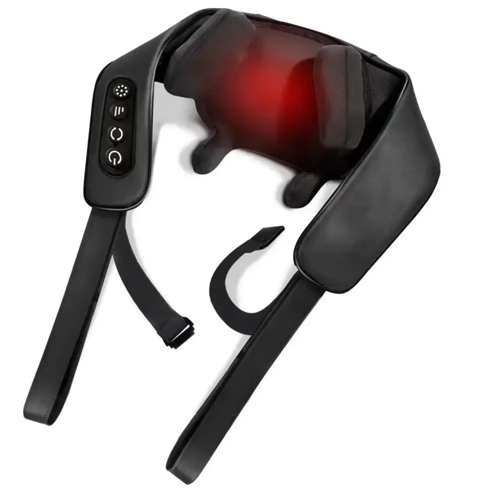 Black massage neck and shoulder massager with red illuminated panel.