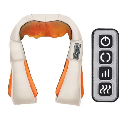 White and orange massage neck wrap with a control panel on the side.