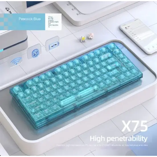 Transparent teal-blue peacock blue keyboard with a sleek, modern design and visible internal components.