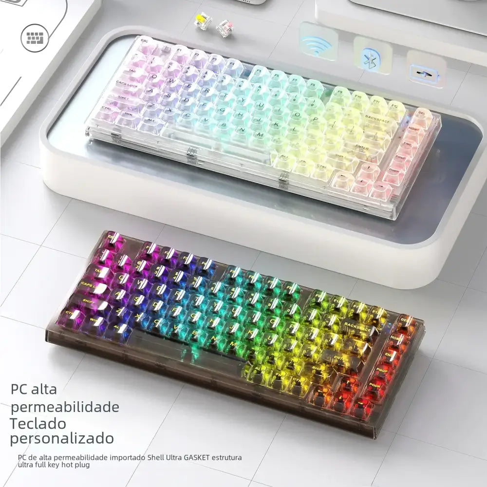 Rainbow-colored translucent mechanical keyboard with rainbow backlighting and a dark brown chassis.