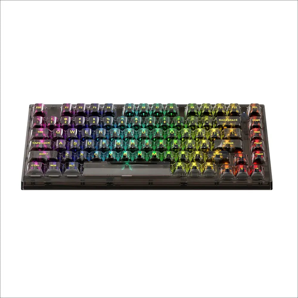 A sleek black mechanical keyboard with translucent rainbow-colored keycaps that glow in a gradient from purple to red, featuring illuminated lettering and a central green backlight.