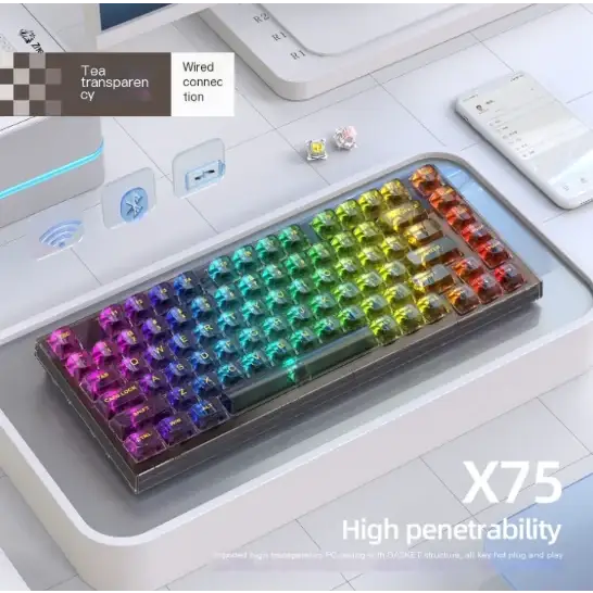 Rainbow-colored translucent keyboard with a sleek, modern design and wired connection.